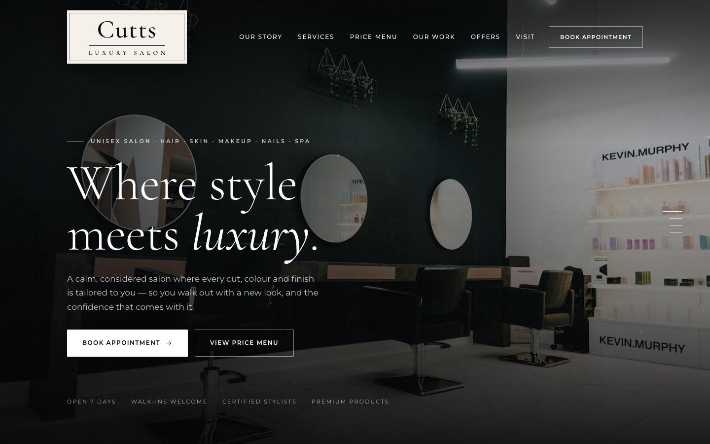 Cutts Luxury Salon website homepage